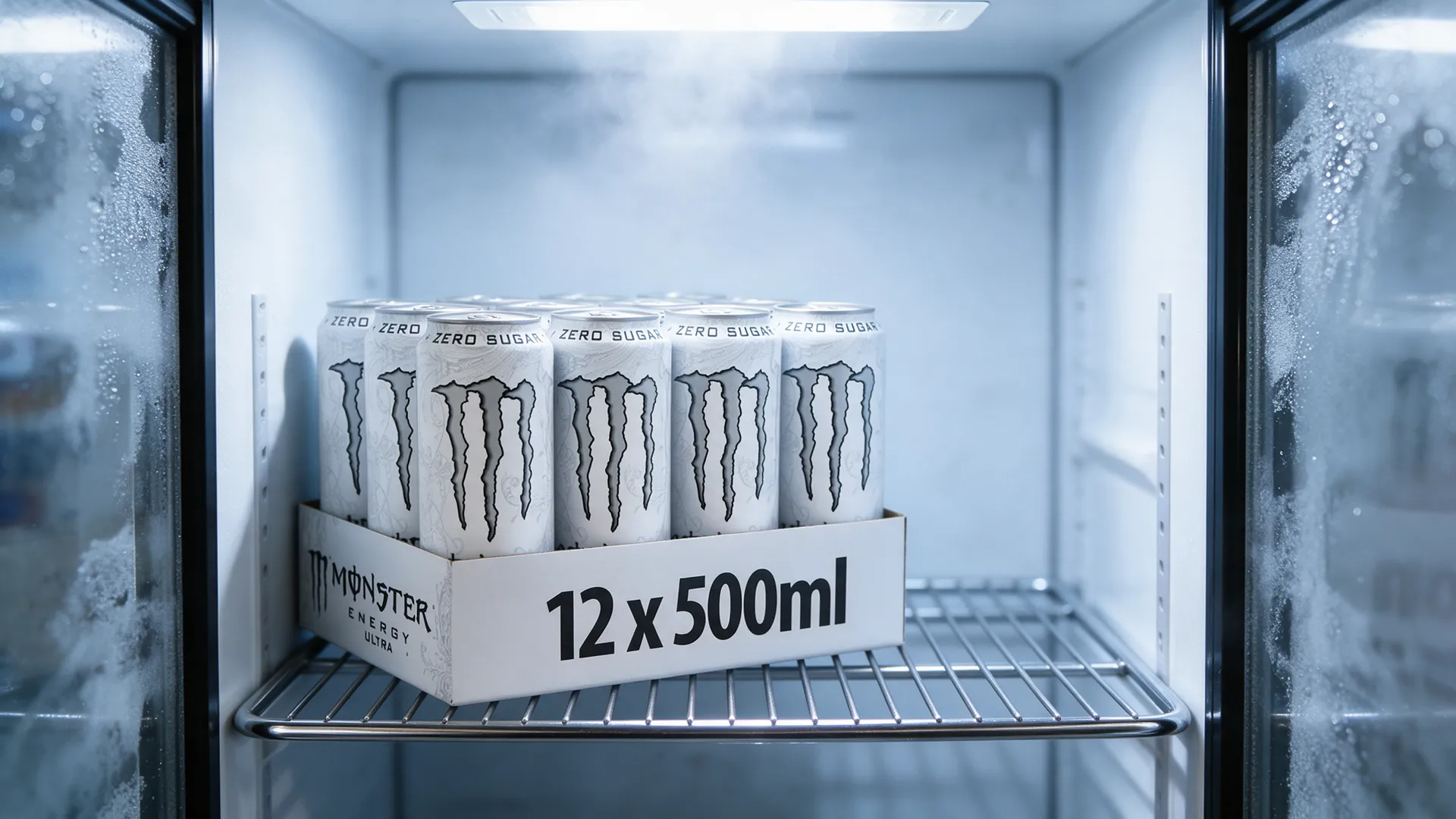 Porte de frigo ouverte sur un plateau de 12 canettes Monster Energy Ultra White