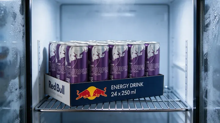Plateau de 24 canettes Red Bull The Purple Edition dans le frigo